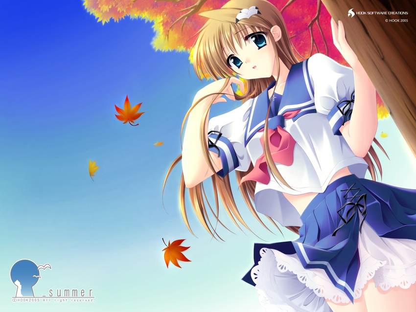 autumn_leaves blue_eyes female hatano_konami highres long_hair school_uniform solo tree underbar_summer