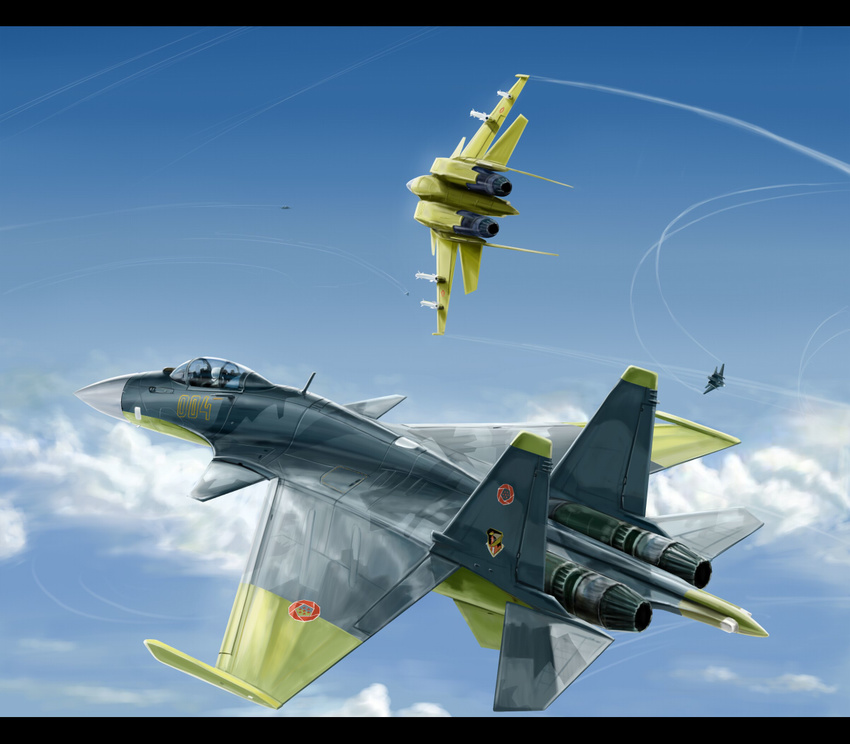 ace_combat ace_combat_04 aerial_battle aircraft airplane battle cloud commentary_request contrail day dogfight emblem fighter_jet flying jet kcme letterboxed military military_vehicle missile no_humans pilot roundel su-37 vehicle_focus yellow_4