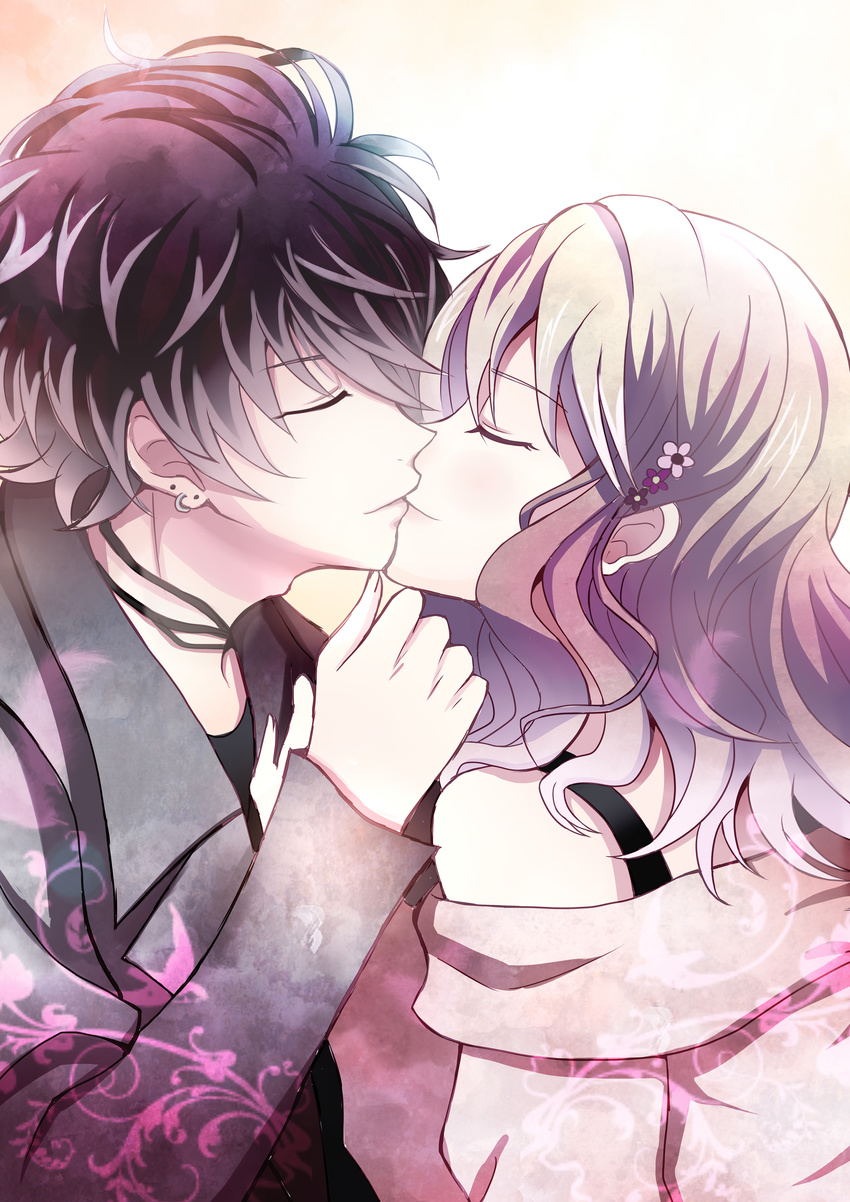 absurdres black_hair blonde_hair character_request closed_eyes diabolik_lovers earrings flower hair_flower hair_ornament hairpin highres jacket jewelry kissing komori_yui mii_(0726miya) mii_(793102) mukami_ruki necklace pink_hair smile