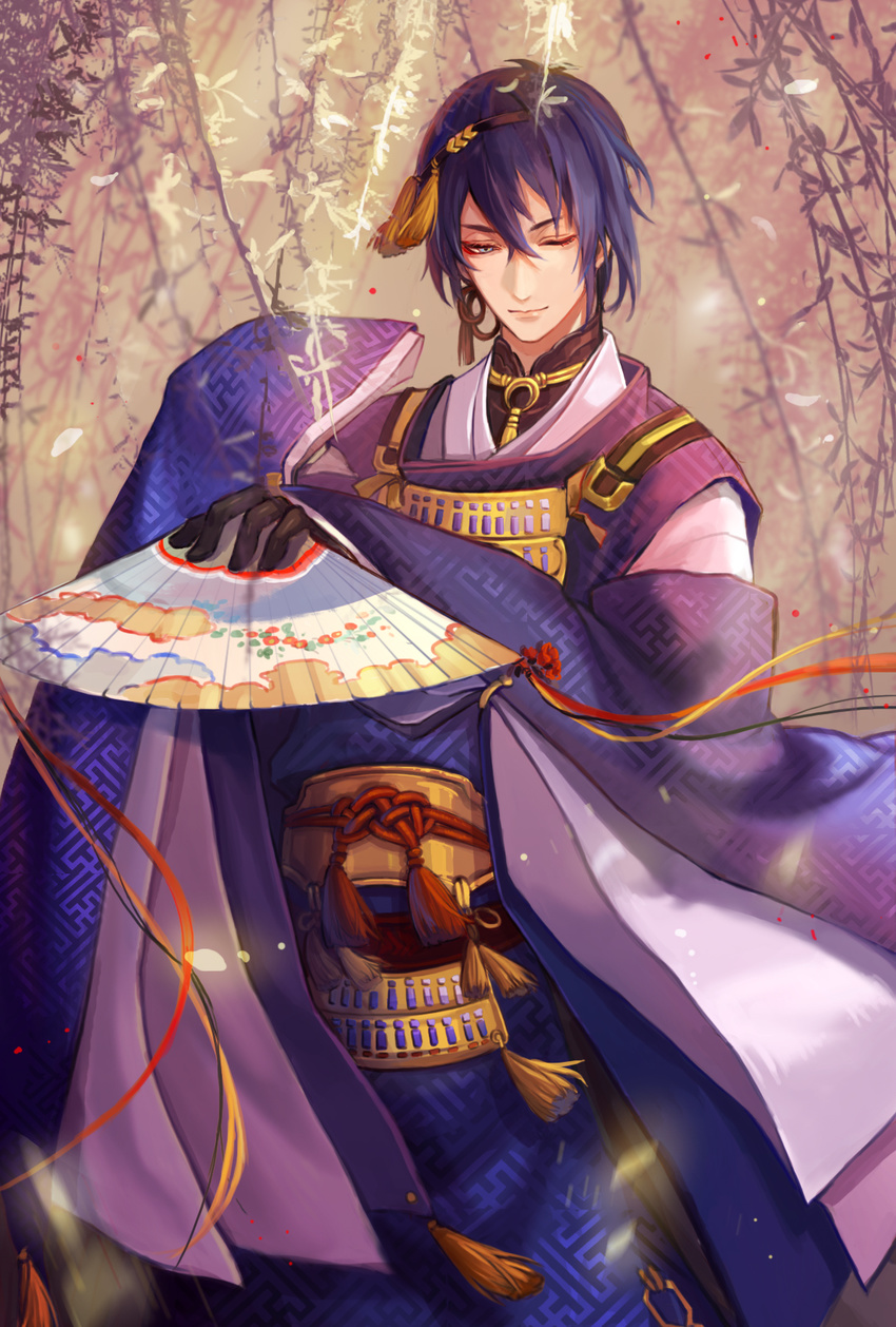 1boy black_gloves blue_eyes blue_hair commentary folding_fan gloves guan_tang_baozi hand_fan highres japanese_clothes male_focus mikazuki_munechika one_eye_closed photoshop_(medium) sayagata smile solo touken_ranbu