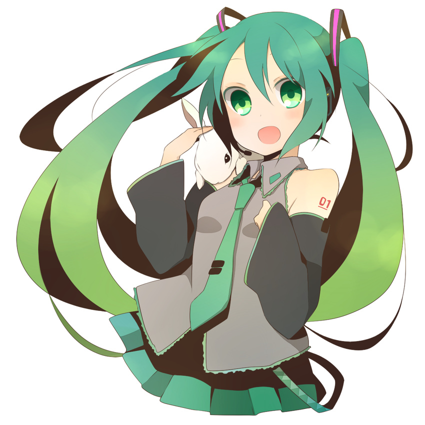 commentary_request female gradient_hair green_eyes hatsune_miku highres kinokosuke long_hair multicolored_hair necktie open_mouth rabbit solo twintails vocaloid