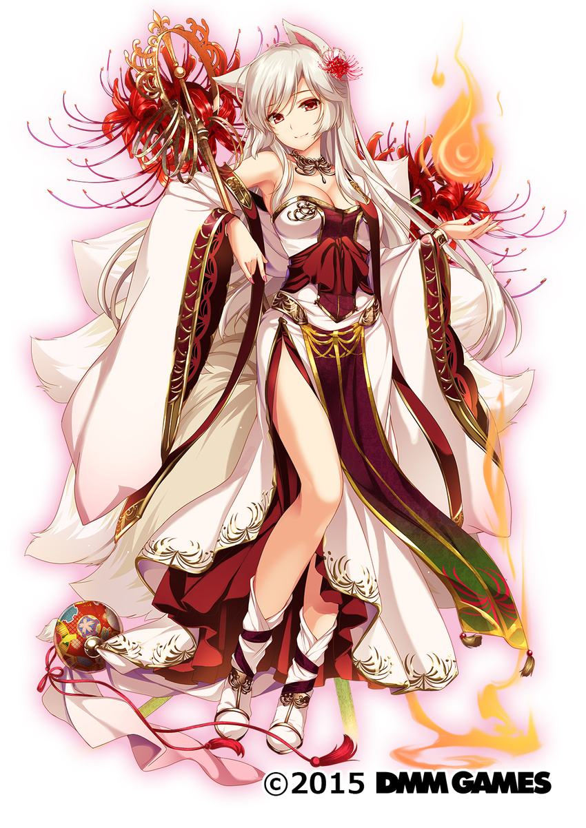 animal_ears armpits ball bare_shoulders breasts cleavage closed_mouth commentary_request dated detached_sleeves dress female fire flower flower_knight_girl fox_ears fox_girl fox_tail full_body hair_flower hair_ornament higanbana_(flower_knight_girl) highres holding holding_staff japanese_clothes kanoko_(pattern) kimono kitsune kyuubi large_breasts long_hair long_sleeves looking_at_viewer monety multiple_tails nail_polish name_connection object_namesake official_art pink_nails polearm_behind_back pyrokinesis red_eyes red_flower shakujou side_slit sidelocks smile solo spider_lily staff tail tassel temari_ball very_long_hair white_background white_dress white_hair wide_sleeves