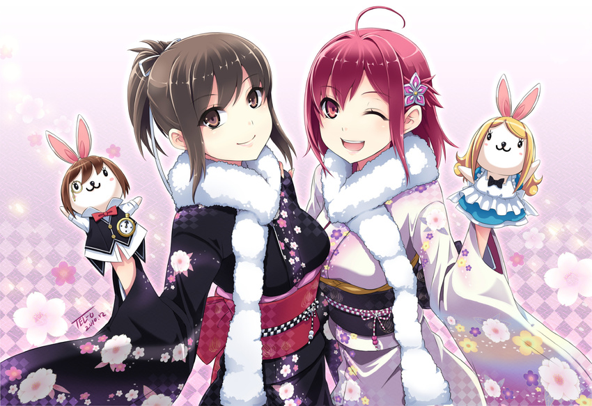 2girls ;d ahoge alice_(alice_in_wonderland) alice_in_wonderland brown_eyes brown_hair commentary_request doll hair_ornament hand_puppet japanese_clothes kimono kokuro_nozomi_(female) kouhaku_nawa monocle monocle_chain multiple_girls one_eye_closed open_mouth photoshop_(medium) pocket_watch puppet red_eyes red_hair rope sekitsu_ayaka shimenawa smile tel-o watch white_rabbit_(alice_in_wonderland) yamiyo_ni_odore