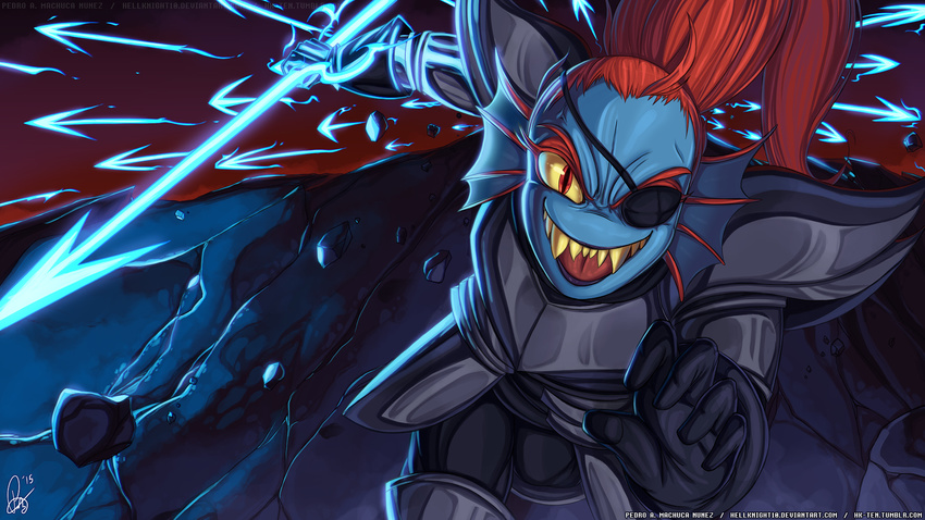 armor artist_name blue_skin colored_sclera colored_skin commentary energy_spear energy_weapon english_commentary eyepatch eyeshadow female fins head_fins hellknight10 highres makeup monster_girl open_mouth photoshop_(medium) polearm ponytail red_eyes red_hair sharp_teeth signature solo spear teeth undertale undyne watermark weapon web_address yellow_sclera