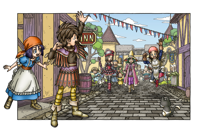 5girls 6+boys armor bandana boots dragon_quest dragon_quest_ix feline gloves hat hero_(dq9) multiple_boys multiple_girls official_art rikka_(dq9) sett staff toriyama_akira town