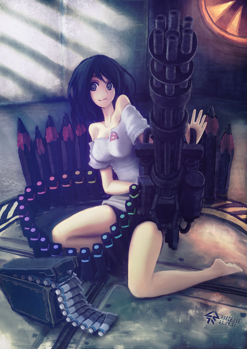 ammunition_belt bare_shoulders barefoot black_hair chinese_commentary commentary_request communism female gatling_gun gun hammer_and_sickle highres original pencil photoshop_(medium) robce_lee short_hair sitting solo weapon