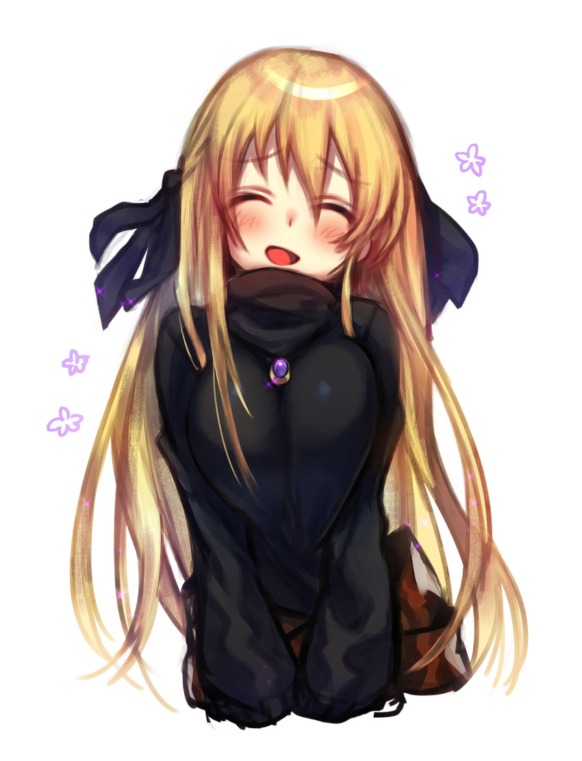 absurdres between_breasts black_ribbon black_sweater blonde_hair blush borrowed_character breasts closed_eyes commentary_request facing_viewer female hair_ribbon highres jewelry large_breasts long_hair long_sleeves mozu_1oo open_mouth original pendant ribbon simple_background smile solo sweater turtleneck turtleneck_sweater upper_body very_long_hair white_background