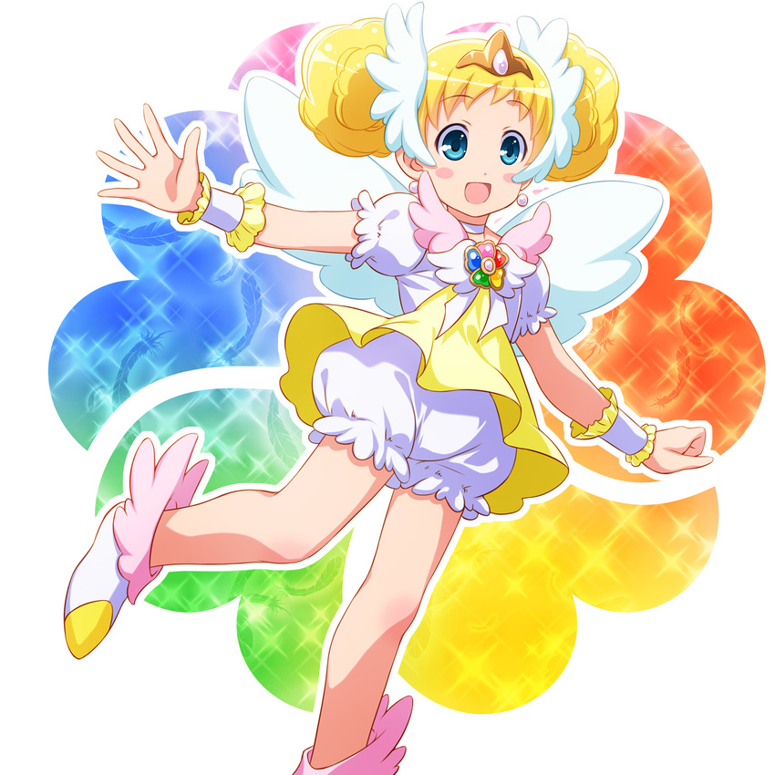 bare_legs blonde_hair bloomers blue_eyes brooch candy_(smile_precure!) choker commentary_request double_bun earrings female hair_bun highres jewelry personification photoshop_(medium) precure rainbow_background royal_candy sayousuke shoes short_hair skirt smile smile_precure solo tiara underwear white_bloomers white_choker wrist_cuffs