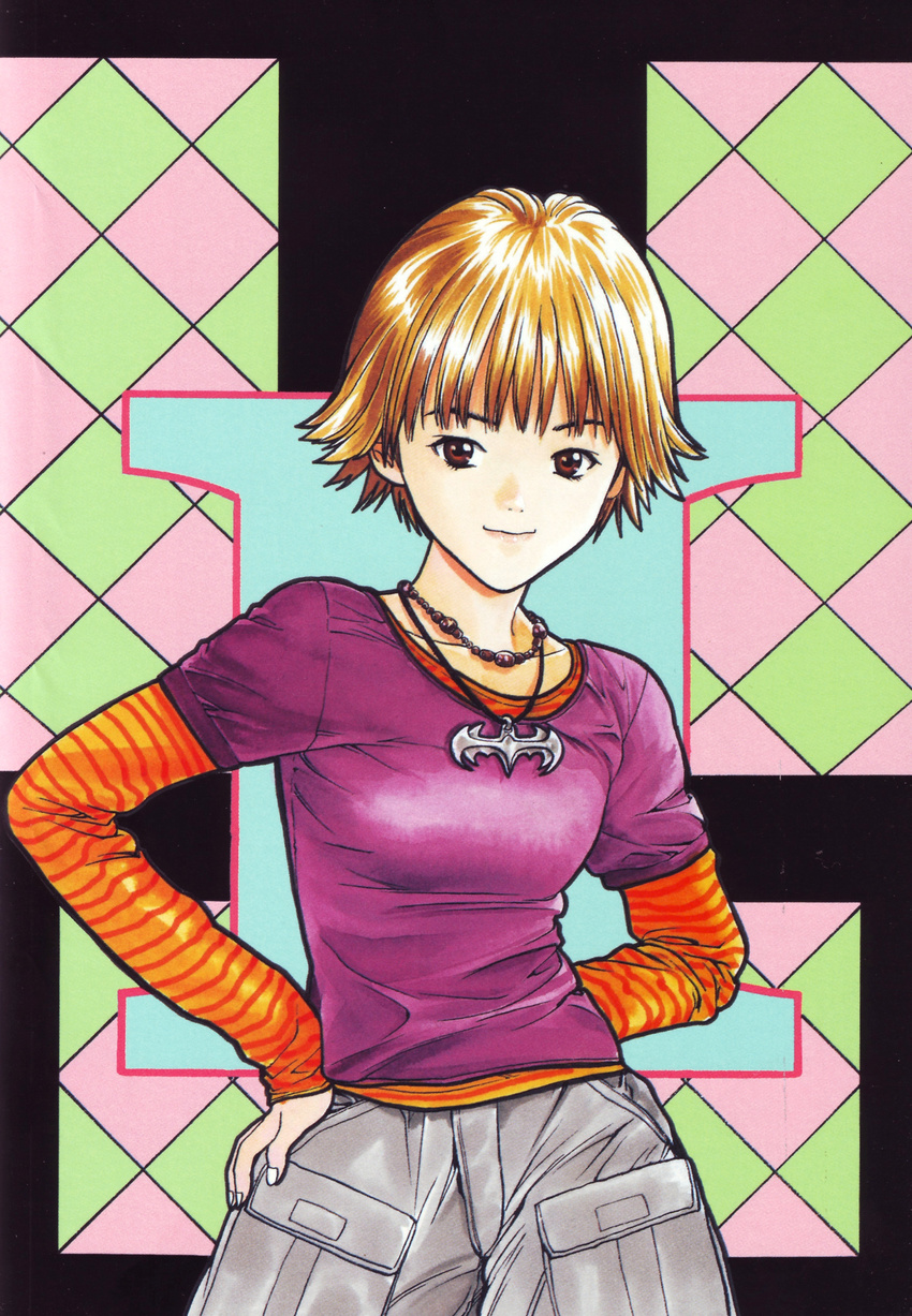 absurdres akiba_itsuki batman_(series) bob_cut brown_eyes brown_hair dc_comics female highres i"s jewelry katsura_masakazu lips nail_polish necklace official_art short_hair shorts solo