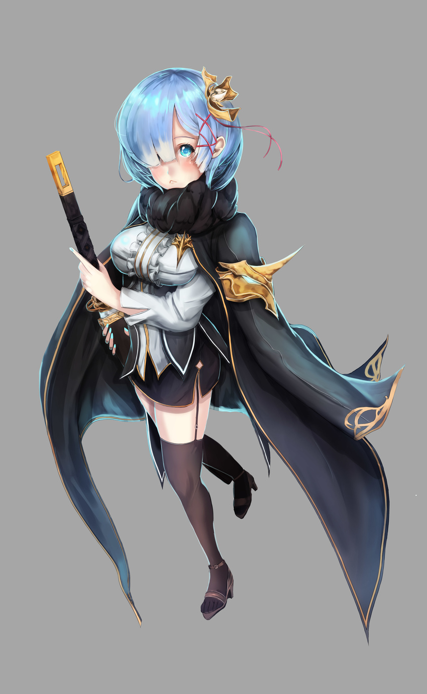 absurdres blouse blue_eyes blue_hair breasts cape commentary_request female gradient_background grey_background hair_ornament highres holding holding_sword holding_weapon medium_breasts moonbo re:zero_kara_hajimeru_isekai_seikatsu rem_(re:zero) sandals sheath shirt short_hair skirt solo sword thighhighs unsheathing weapon zettai_ryouiki