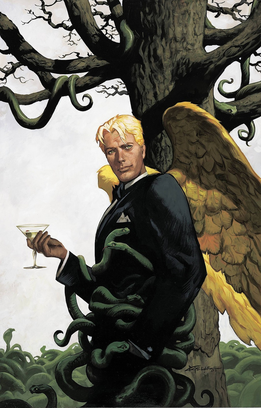 1boy angel_wings bare_tree black_jacket blonde_hair christopher_moeller cocktail_glass comic_cover cover_image cup cupping_glass dc_comics drinking_glass feathered_wings formal from_side hand_in_pocket handkerchief highres holding holding_cup jacket light_smile lips long_sleeves looking_at_viewer lucifer_(series) lucifer_morningstar_(dc) male_focus martini official_art signature snake solo suit tan too_many tree tuxedo western_comics_(style) wings yellow_wings