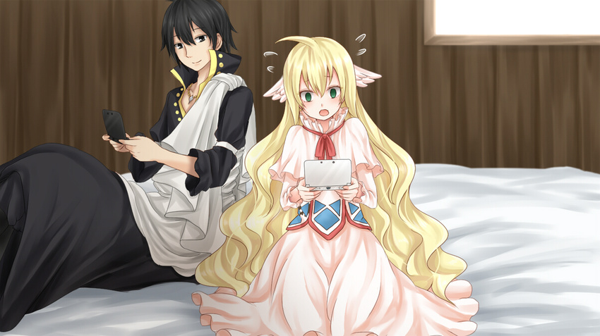 1boy awai_shiro bad_id bad_pixiv_id black_hair capelet dress fairy_tail female flying_sweatdrops game_console green_eyes handheld_game_console head_wings long_hair mavis_vermilion nintendo_3ds open_mouth smile very_long_hair white_dress wings zeref