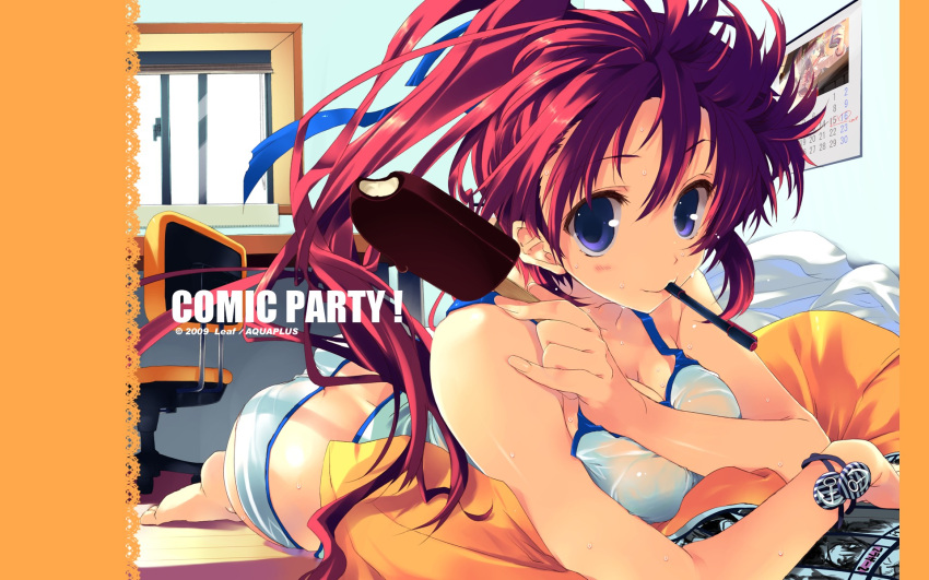 aquaplus artist_request ass bare_shoulders blue_eyes book breasts camisole cleavage comic_party female fingernails food hair_ribbon highres leaf_(studio) long_fingernails long_hair looking_at_viewer lying medium_breasts mouth_hold official_art official_wallpaper on_stomach open_book panties ponytail popsicle red_eyes red_hair ribbon see-through solo source_request sweatdrop takase_mizuki underwear wet wet_clothes