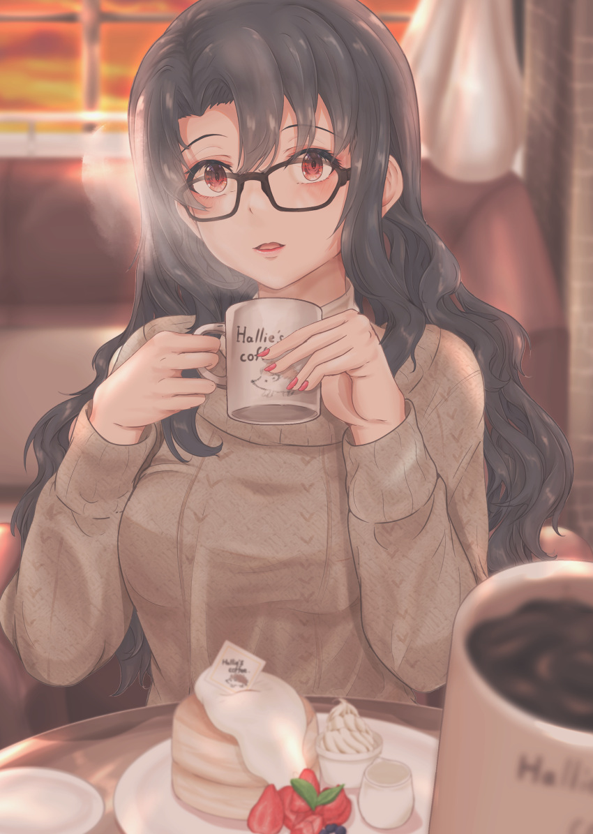 absurdres black_hair blurry breasts commentary_request cream cup depth_of_field female food fruit garnish glasses hedgehog highres holding holding_cup idolmaster idolmaster_million_live! indoors izuminnu long_hair looking_at_viewer medium_breasts mug pancake parted_lips pov red_eyes solo_focus souffle_(food) souffle_pancake strawberry sweater takayama_sayoko