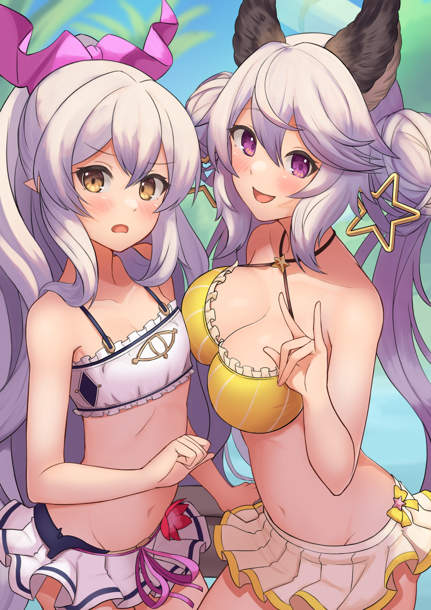 2girls absurdres animal_ears bandeau bare_shoulders bikini bikini_skirt blurry blurry_background blush breasts cleavage cowboy_shot criss-cross_halter double_bun flat_chest fox_shadow_puppet frilled_bikini frills granblue_fantasy groin hair_bun halterneck highres large_breasts long_hair looking_at_viewer medusa_(shingeki_no_bahamut) medusa_(summer)_(granblue_fantasy) multiple_girls navel open_mouth paid_reward_available ponytail purple_eyes purple_hair pyonsan satyr_(granblue_fantasy) small_breasts smile swimsuit yellow_eyes