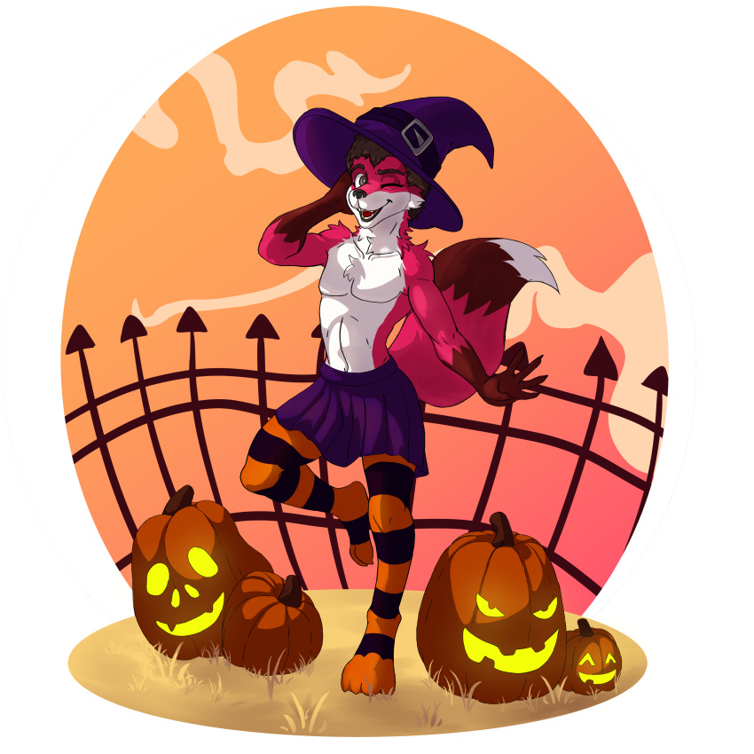 1:1 absurd_res alpha_channel anthro canid canine closed_eyes clothing femboy food fox fruit halloween hat headgear headwear hi_res hibris holidays holly_(ortiz) legwear male mammal plant pumpkin railing red_body smile solo tights white_body