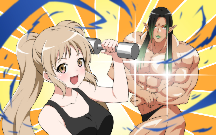 1boy :d arm_up bad_id bad_pixiv_id biceps black_hair black_tank_top blush breasts brown_eyes brown_hair collarbone commentary_request cosplay dumbbell dumbbell_nan_kilo_moteru? exploding_clothes female flexing glint gradient_hair green_hair hanabatake_chaika hanabatake_chaika_(4th_costume) holding long_hair machio_naruzou machio_naruzou_(cosplay) medium_breasts multicolored_hair muscular nijisanji open_mouth parody pose sakura_hibiki sakura_hibiki_(cosplay) shirihime sister_claire smile tank_top twintails virtual_youtuber