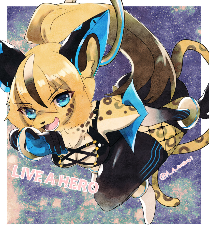 a_a_wasabi anthro blue_eyes cheetah clothing english_text felid feline female fishnet_clothing fur hair hi_res lifewonders live_a_hero maculata mammal markings ponytail solo spots spotted_body spotted_fur superhero text yellow_body yellow_fur