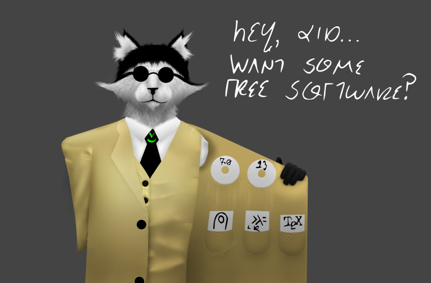 absurd_res anthro black_hair clothing coat digital_media_(artwork) domestic_cat english_text eyewear felid feline felis fur grey_body grey_fur hair hi_res humor male mammal necktie software solo sunglasses text topwear trenchcoat unnamed_character varik_valefor