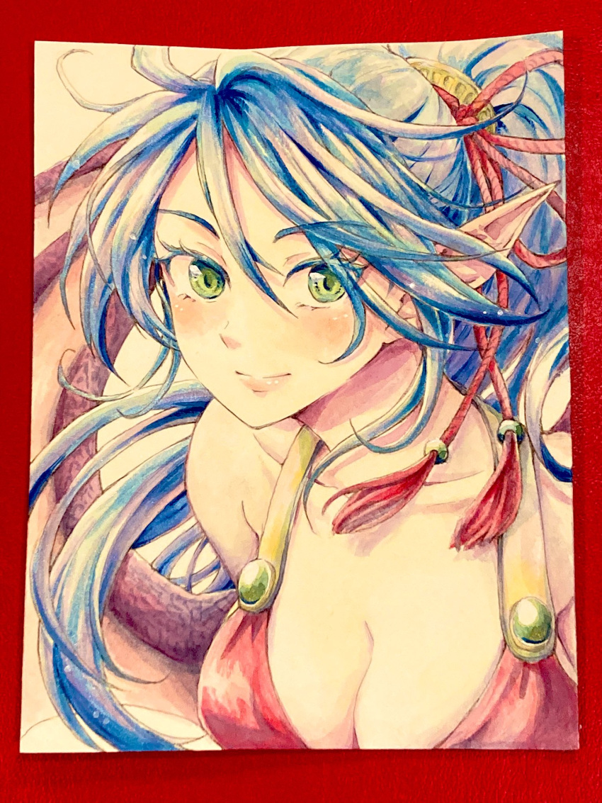 blue_hair breasts breath_of_fire breath_of_fire_ii cleavage closed_mouth commentary_request dragon_girl dragon_wings female green_eyes hair_ribbon highres long_hair looking_at_viewer maruno monster_girl painting_(medium) patty_the_phantom_thief pointy_ears ponytail ribbon smile solo traditional_media watercolor_(medium) wings