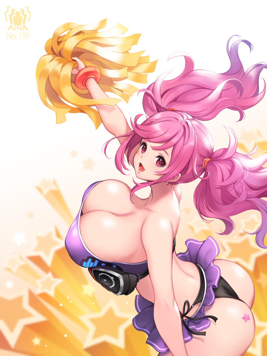 ass breasts carolina_(last_origin) cheerleader cleavage crop_top female highres holding holding_pom_poms huge_breasts last_origin looking_at_viewer md5_mismatch midriff open_mouth pink_eyes pink_hair pleated_skirt pom_pom_(cheerleading) shirt skirt sleeveless sleeveless_shirt smile solo star_(symbol) toriseru_(rare_stone) twintails