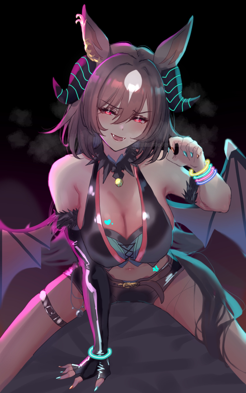 alternate_costume animal_ears asymmetrical_gloves bad_id bad_pixiv_id bare_shoulders belt bracelet breasts brown_hair cleavage commentary_request cosplay crop_top ear_ornament elbow_gloves fake_horns fake_wings fangs female gloves highres horns horse_ears horse_girl horse_tail jewelry large_breasts long_hair looking_at_viewer mejiro_palmer_(devil_in_the_moonlight)_(umamusume) mejiro_palmer_(umamusume) mejiro_palmer_(umamusume)_(cosplay) midriff mmm_(mmm623) multicolored_hair multicolored_nails nail_polish navel necklace on_bed open_mouth partially_fingerless_gloves red_eyes sirius_symboli_(umamusume) streaked_hair tail umamusume very_long_hair wings