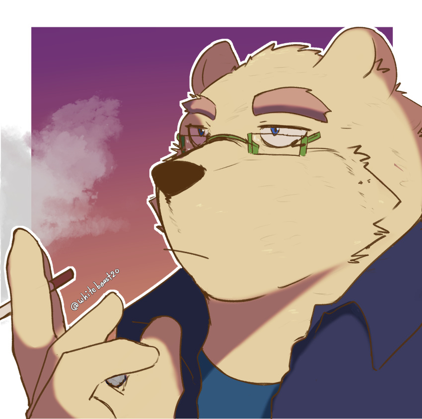 2021 anthro bear biped blue_eyes clothing eyewear glasses hi_res humanoid_hands kemono leib_(tas) lifewonders mammal polar_bear shirt simple_background smoking solo tokyo_afterschool_summoners topwear ursine whitebeast20