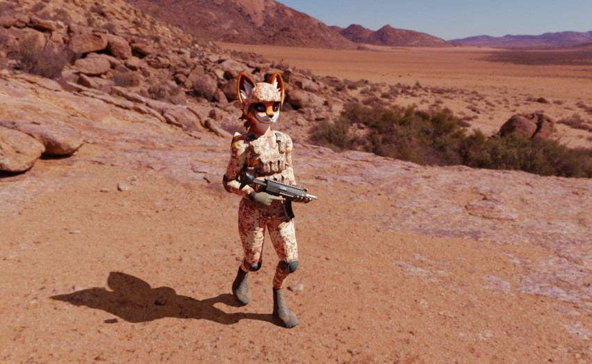 3d_(artwork) ambiguous_gender anthro armor canid canine combat_gear combat_gloves combat_helmet constructed_language desert digital_media_(artwork) echodoll echodolls echodolls_(band) female_(lore) fox gun headgear helmet humanoid lafoyan maco_(echodolls) mammal military nature nature_background ranged_weapon solo submachine_gun text trans_(lore) trans_woman_(lore) weapon