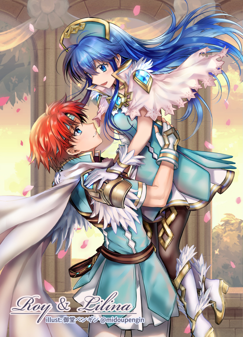 1boy :d armor belt black_legwear blue_dress blue_eyes blue_hair blue_tunic boots brown_belt cape capelet character_name commentary_request couple cowboy_shot dress female fingerless_gloves fire_emblem fire_emblem:_the_binding_blade fire_emblem_heroes gloves headband headdress highres lilina_(fire_emblem) long_hair looking_at_another looking_up md5_mismatch mintes open_mouth pantyhose pauldrons petals red_hair resolution_mismatch roy_(fire_emblem) roy_(resplendent)_(fire_emblem) short_dress short_sleeves shoulder_armor smile source_smaller standing straight tunic white_cape white_capelet white_footwear white_gloves