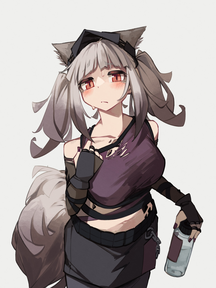 absurdres animal_ear_fluff animal_ears arknights bare_shoulders black_gloves black_skirt bottle closed_mouth collarbone commentary elbow_gloves female fingerless_gloves frostleaf_(arknights) frostleaf_(breaking_the_ice)_(arknights) gloves grey_background grey_hair hand_up highres holding holding_bottle looking_at_viewer purple_shirt red_eyes shirt simple_background skirt sleeveless sleeveless_shirt solo sweat symbol-only_commentary tail togekk0 twintails