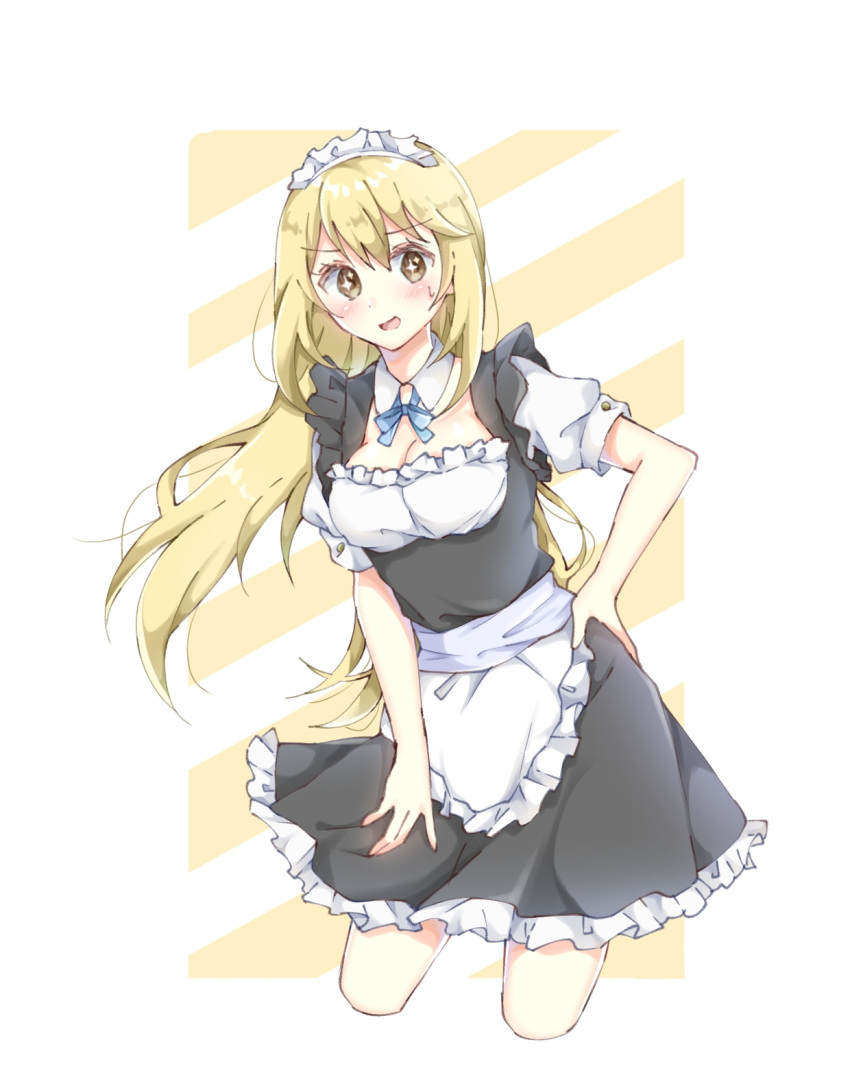 168_azusa alternate_costume apron black_dress blonde_hair blue_ribbon breasts bright_pupils cleavage commentary_request cropped_legs detached_collar dress enmaided female hand_on_own_hip highres large_breasts light_blush looking_at_viewer maid maid_apron maid_headdress neck_ribbon open_mouth ribbon shokuhou_misaki short_sleeves solo sparkling_eyes star-shaped_pupils star_(symbol) sweatdrop symbol-shaped_pupils toaru_kagaku_no_mental_out toaru_kagaku_no_railgun toaru_majutsu_no_index two-tone_background yellow_pupils