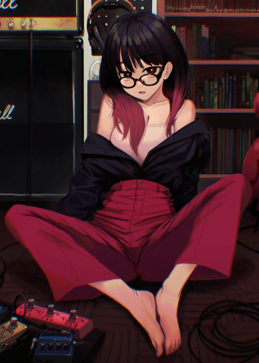 amplifier bare_shoulders barefoot black_hair book bookshelf breasts butterfly_sitting cable check_copyright chromatic_aberration collarbone copyright_request dot_(reze_(rewindze)) effects_pedal female glasses gradient_hair guitar headphones highres instrument jacket knees_apart_feet_together large_breasts long_hair looking_at_viewer marshall_amplification multicolored_hair on_floor open_mouth original pants pedal_board pink_hair red_eyes reze_(rewindze) sitting solo speaker stereo toes unworn_jacket wire