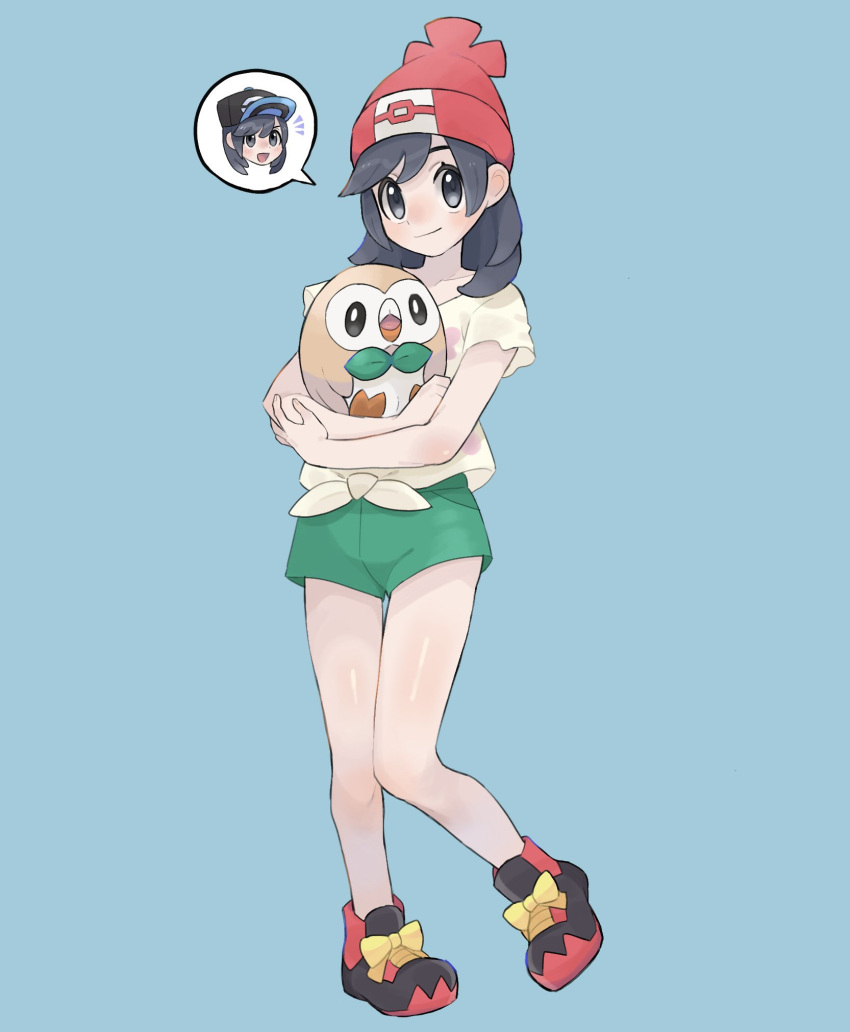 1boy bare_legs beanie black_footwear black_hair blush closed_mouth commentary cosplay elio_(pokemon) floral_print full_body green_shorts grey_eyes hat highres holding holding_pokemon knees long_hair male_focus otoko_no_ko pokemon pokemon_(creature) pokemon_sm red_headwear rowlet sana_(37pisana) selene_(pokemon) selene_(pokemon)_(cosplay) shirt shoes short_sleeves shorts smile spoken_character symbol-only_commentary t-shirt tied_shirt yellow_shirt