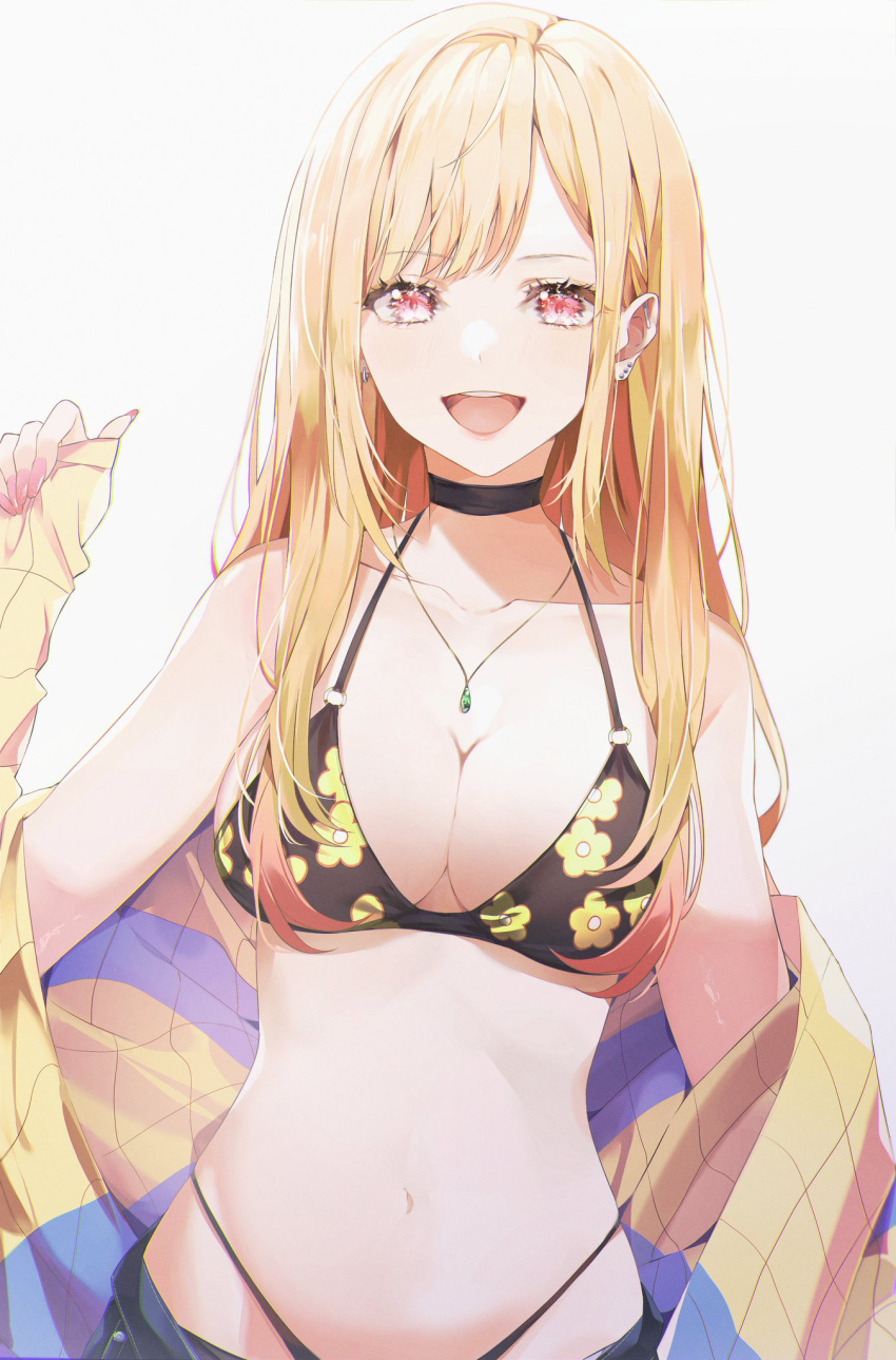 bikini black_bikini breasts earrings female floral_print gyaru highres jewelry kitagawa_marin large_breasts long_hair looking_at_viewer mikaduki_3636 open_mouth print_bikini red_eyes solo sono_bisque_doll_wa_koi_wo_suru swimsuit