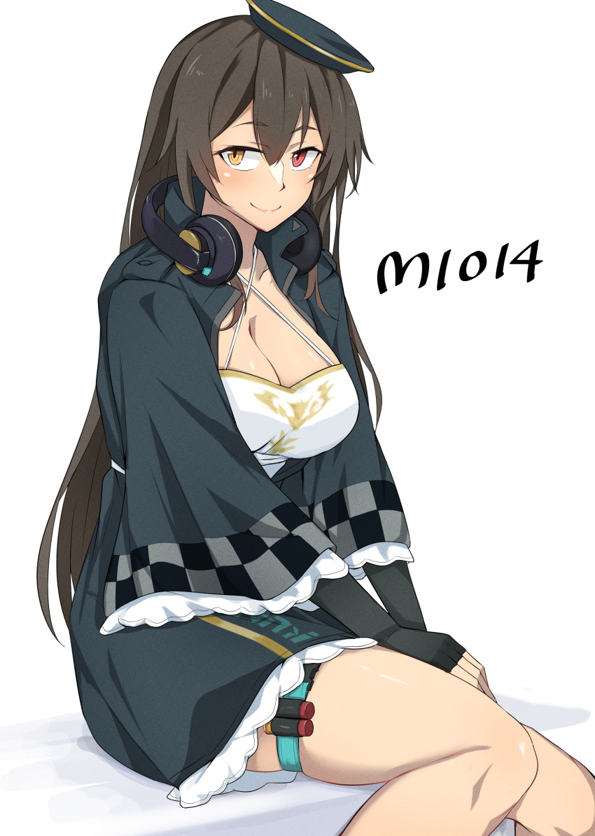 absurdres aqua_dress aqua_headwear black_gloves breasts brown_hair character_name cleavage closed_mouth collarbone dress elbow_gloves feet_out_of_frame female fingerless_gloves girls'_frontline gloves headphones headphones_around_neck heterochromia highres light_blush lips long_hair looking_at_viewer m1014_(girls'_frontline) medium_breasts mosamosaobake red_eyes sitting smile solo thighs white_background wide_sleeves yellow_eyes