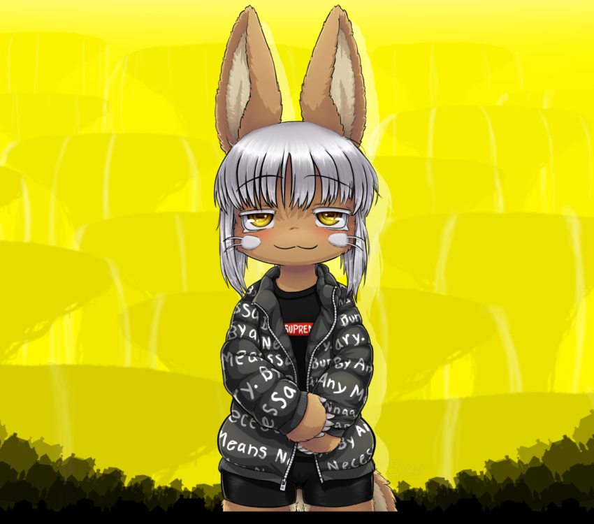 ambiguous_gender anthro better_version_at_source buneposter clothing drip_(meme) hair jacket lagomorph leporid made_in_abyss mammal nanachi narehate rabbit shirt solo standing supreme text text_on_clothing text_on_jacket text_on_shirt text_on_topwear topwear white_hair