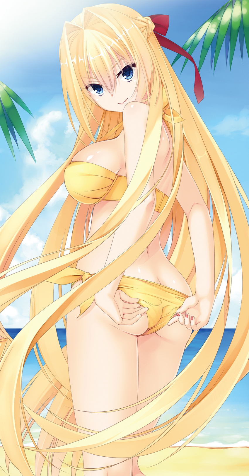 absurdres adjusting_clothes adjusting_swimsuit beach bikini blonde_hair blue_eyes breasts butt_crack day female from_behind hair_intakes hair_ribbon half_updo hidan_no_aria hidan_no_aria_aa highres kobuichi large_breasts long_hair looking_back nail_polish outdoors ribbon scan sideboob smile solo swimsuit takachiho_urara very_long_hair yellow_bikini