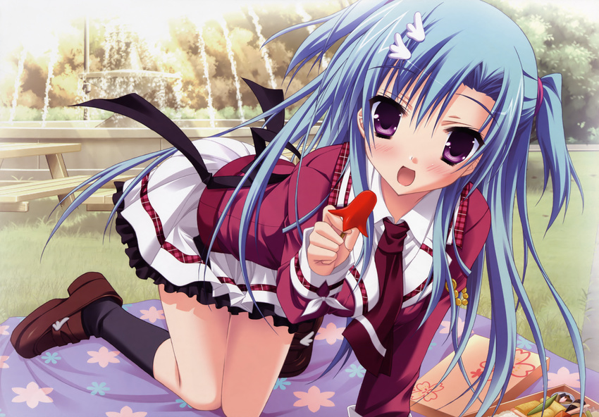 :d absurdres all_fours blue_hair feeding female fountain haotone_tsubasa highres kisaragi_gold_star legs lunchbox moribe_(rabumanyo) open_mouth pov_feeding purple_eyes smile solo tako-san_wiener two_side_up