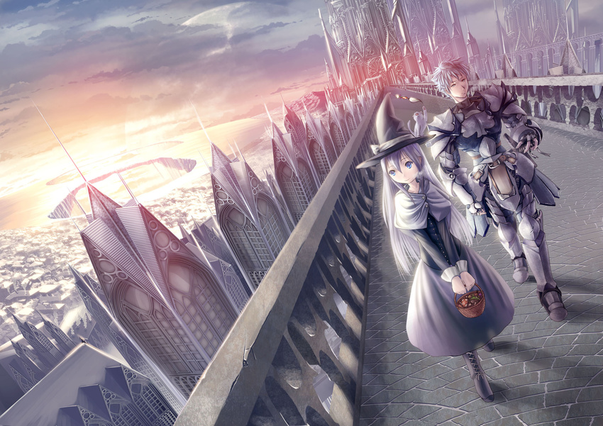 1boy armor bad_id bad_pixiv_id basket castle cityscape dutch_angle fantasy female foreshortening hat highres horizon mushroom photoshop_(medium) pixiv_fantasia pixiv_fantasia_5 sky walking witch_hat yonasawa