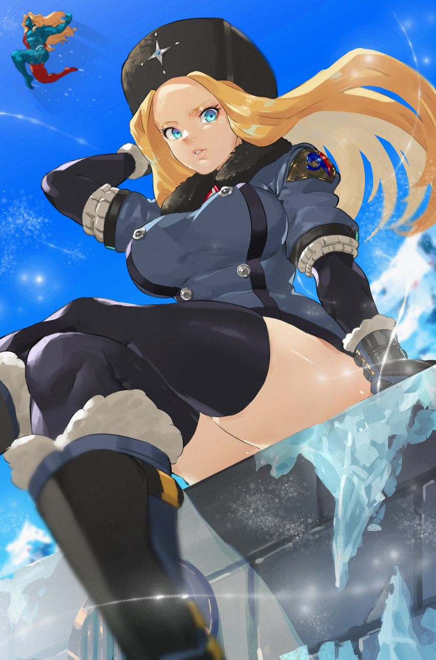 1boy absurdres black_legwear blonde_hair blue_eyes blue_skin blue_sky boots colored_skin commentary_request day female fur_collar fur_hat gill_(street_fighter) gloves gorimaro hat highres ice jumping kolin looking_at_viewer midair parted_lips photoshop_(medium) red_skin russian_clothes sitting sky solo_focus street_fighter street_fighter_iii_(series) street_fighter_v thighhighs ushanka zettai_ryouiki