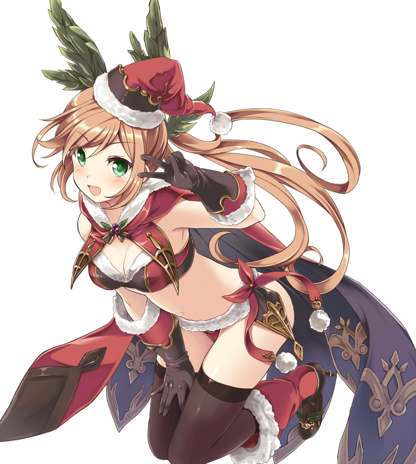 :d black_gloves black_thighhighs blonde_hair blush boots breasts cape clarisse_(granblue_fantasy) cleavage commentary_request female fur_trim gloves granblue_fantasy green_eyes hat high_heel_boots high_heels highres long_hair looking_at_viewer medium_breasts navel open_mouth ponytail santa_hat simple_background smile solo souryuu_(double_dragon) thighhighs v white_background