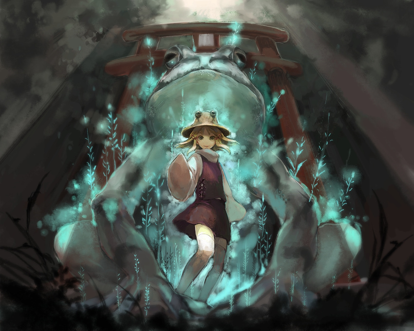 animal blonde_hair blue_eyes closed_mouth commentary_request feet_out_of_frame female frog from_below hair_ribbon hat highres moriya_suwako nature oversized_animal purple_skirt purple_vest ribbon ririnra shirt short_hair skirt sleeves_past_fingers sleeves_past_wrists solo thighhighs torii touhou turtleneck vest white_shirt white_thighhighs yellow_eyes