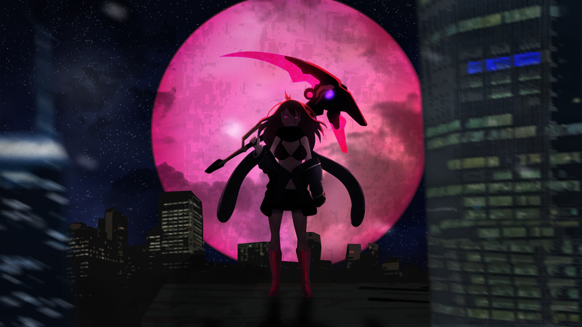 bad_deviantart_id bad_id boots bra breasts city cityscape cloud dark fantasy female frosthyde gakusen_toshi_asterisk glowing glowing_eyes highres irene_urzaiz long_hair medium_breasts moon night night_sky red_eyes red_hair red_moon scythe self-upload shadow skirt sky skyline smile solo star_(symbol) underwear vampire