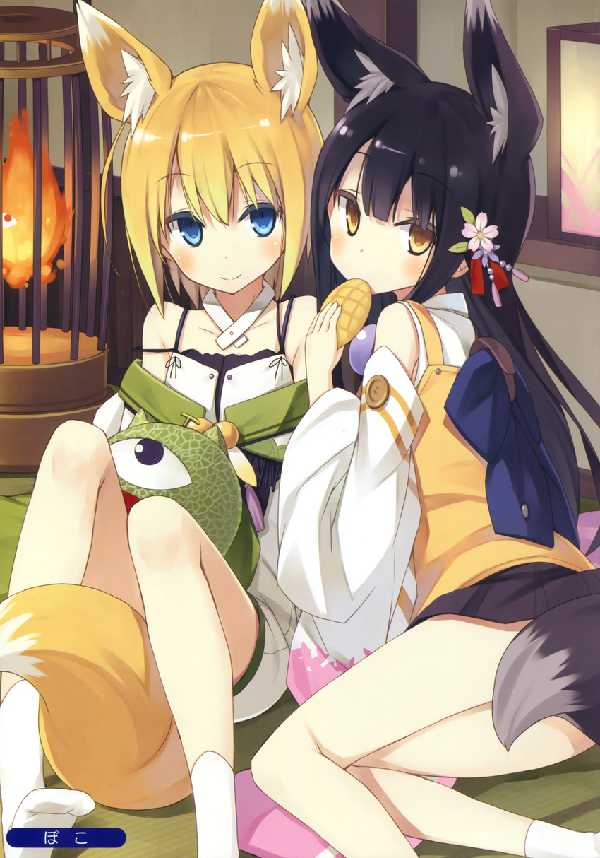 2girls absurdres animal_ear_fluff animal_ears black_hair blonde_hair blue_eyes blush bread collarbone detached_sleeves extra_ears fire flower food fox_ears fox_tail hair_flower hair_ornament highres holding holding_food kuroino_(poco) kuromitsu_nene long_hair long_sleeves looking_at_viewer melon_bread multiple_girls on_floor original poco_(asahi_age) scan shiratama_kitsune short_hair sitting skirt smile socks tail tatami white_socks yellow_eyes