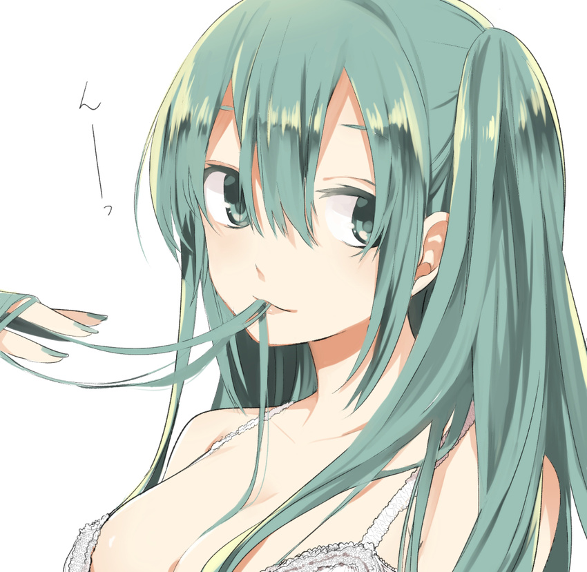 blush bra commentary_request female green_eyes green_hair hair_in_own_mouth hatsune_miku long_hair nail_polish naruto_maki simple_background solo sound_effects_only underwear upper_body vocaloid white_background