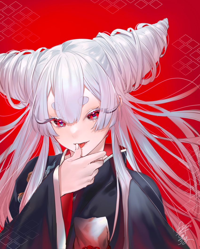 absurdres ayashimon black_kimono blue_eyes drill_hair eyelashes female flame_print floating_hair hair_between_eyes hair_horns highres himari_(_h_i8) horns japanese_clothes kimono licking licking_finger long_eyelashes long_hair long_sleeves looking_at_viewer multicolored_eyes parted_bangs red_background red_eyes signature simple_background solo upper_body urara_(ayashimon) white_hair wide_sleeves