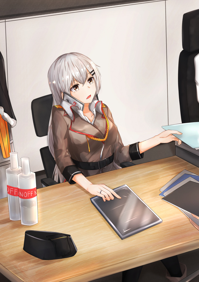 absurdres aiguillette belt black_belt breasts brown_jacket cellphone chair cradling_phone female garrison_cap girls'_frontline grey_eyes grey_hair hat highres jacket jewelry long_hair looking_away medium_breasts military military_hat military_uniform muteppona_hito office office_chair open_mouth paper phone ring shirt smartphone smirnoff_(vodka) solo svd_(girls'_frontline) swivel_chair table tablet_pc talking_on_phone uniform unworn_hat unworn_headwear white_shirt