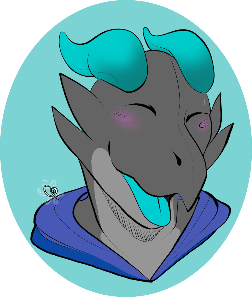 alpha_channel anthro blush bust_portrait closed_eyes clothing crowflyproductions grey_body happy hi_res hoodie horn kobold male open_mouth portrait reptile scalie scar side_b solo tongue topwear