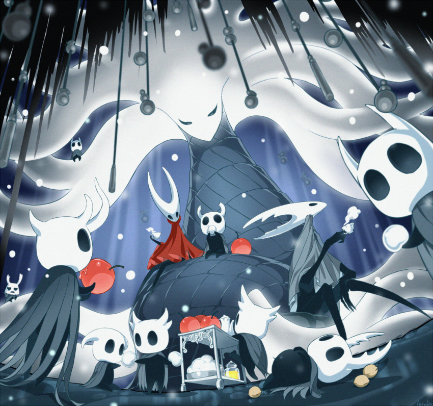 1boy 2girls 6+others arizuka_(catacombe) broken_vessel_(hollow_knight) cherry cloak commentary_request cup eating food fruit helmet highres hollow_knight hollow_knight_(character) hornet_(hollow_knight) knight_(hollow_knight) life_ender_(hollow_knight) light_particles looking_at_viewer lying multiple_girls multiple_others nail_(hollow_knight) no_humans nut_(food) on_back on_ground red_cloak serving_cart signature sitting standing tea teacup teapot white_lady_(hollow_knight) zote