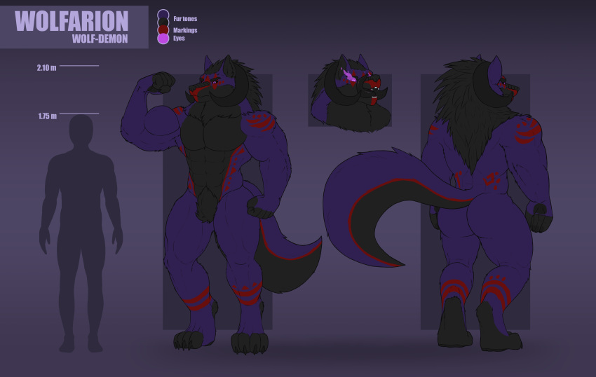 2020 abs absurd_res anthro ass back_muscles black_body black_nose black_tongue canid canine canis claws demon fire_eyes fluffy fluffy_hair fluffy_tail gradient_background hair headshot_portrait hi_res horn hybrid male mammal markings model_sheet muscular muscular_anthro muscular_male portrait purple_body purple_eyes red_markings silhouette simple_background size_difference smile solo standing tail teeth tongue tongue_out wolf wolfarion wolfarion_(character)